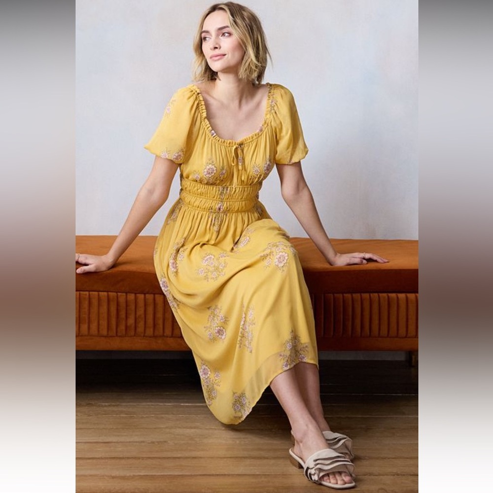 LC Lauren Conrad Mustard Yellow Floral Midi Dress